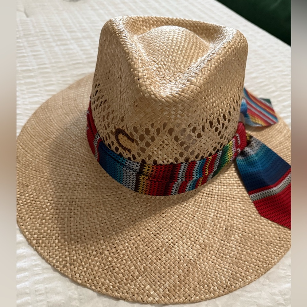 Charlie Horse Straw Hat with Serape/Colorful Band size small - New!